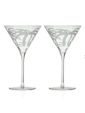 Rolf Glass Palm Tree Martini Glass Set 2 Etched Tropical Cocktail Glassware 10oz
